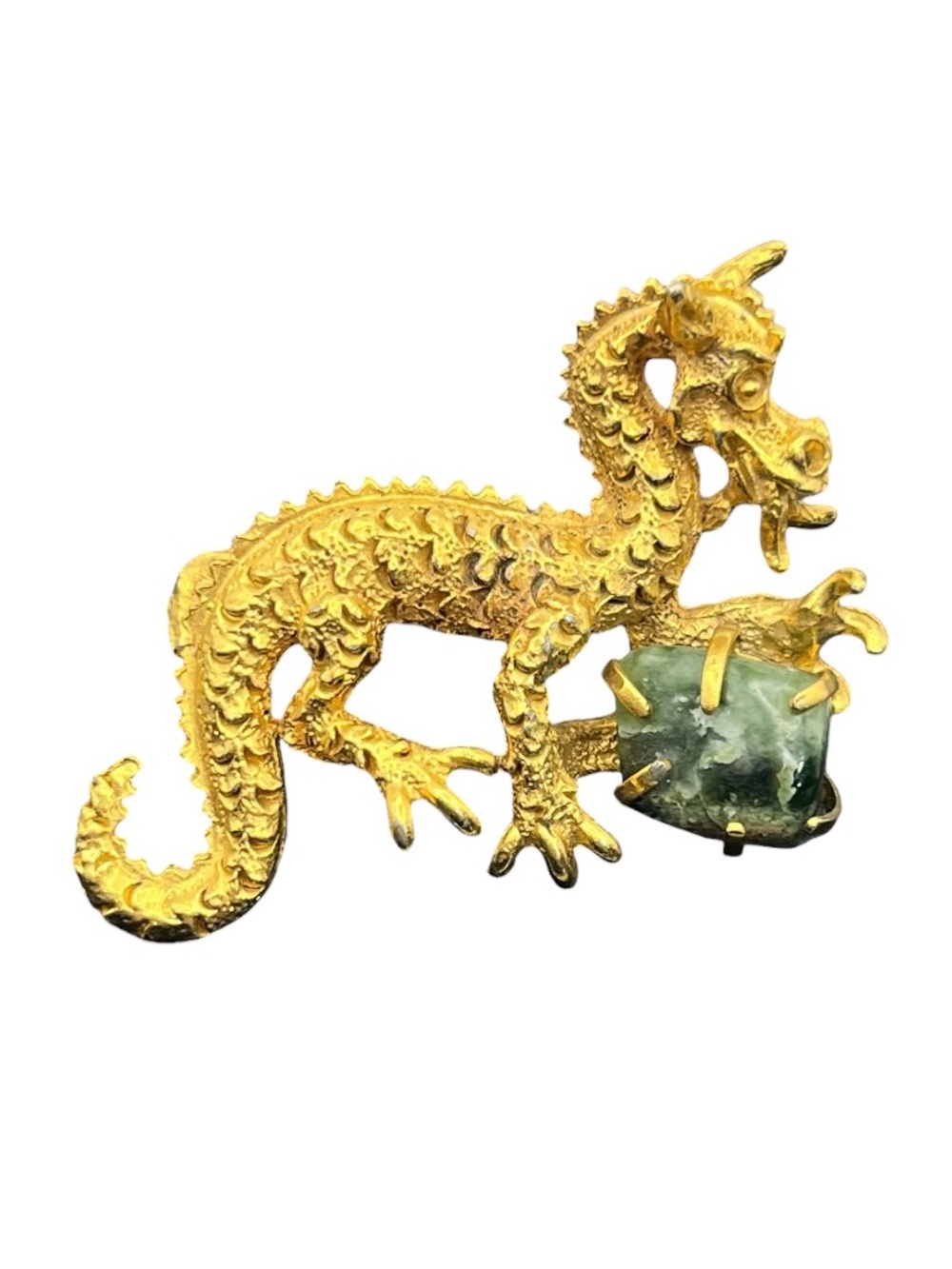 BSK signed dragon gold tone green stone vintage brooch pin
